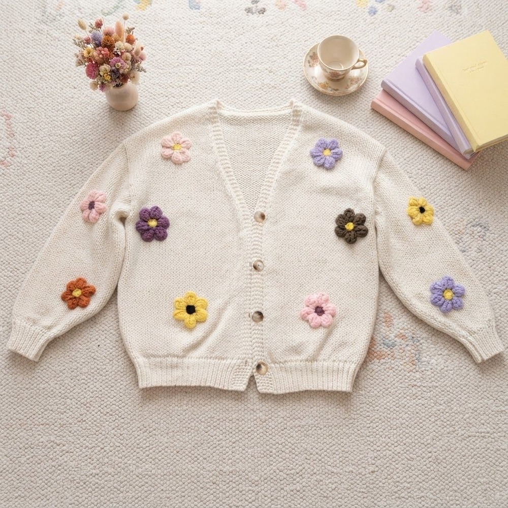 Cider Beige 3D Crochet Floral Knit Cardigan Sweater Womens 1XL CD20230627335207